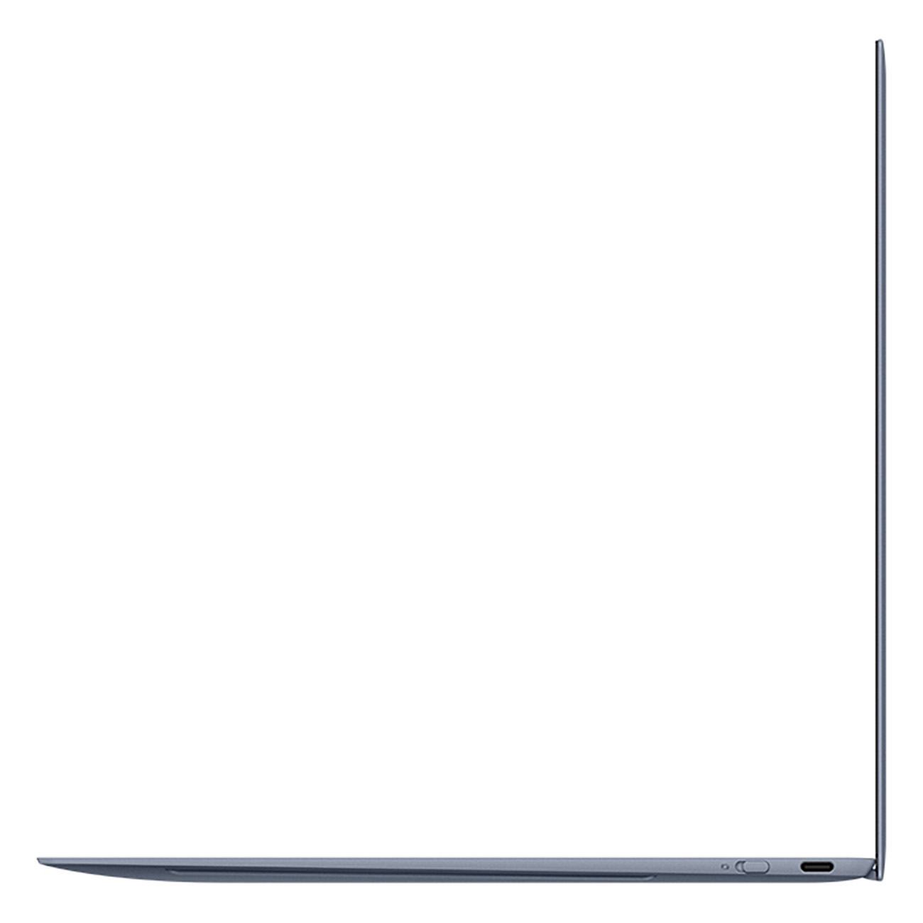 Eine Seitenansicht eines grauen Laptops, die sein schlankes Profil und seine Anschlüsse zeigt.