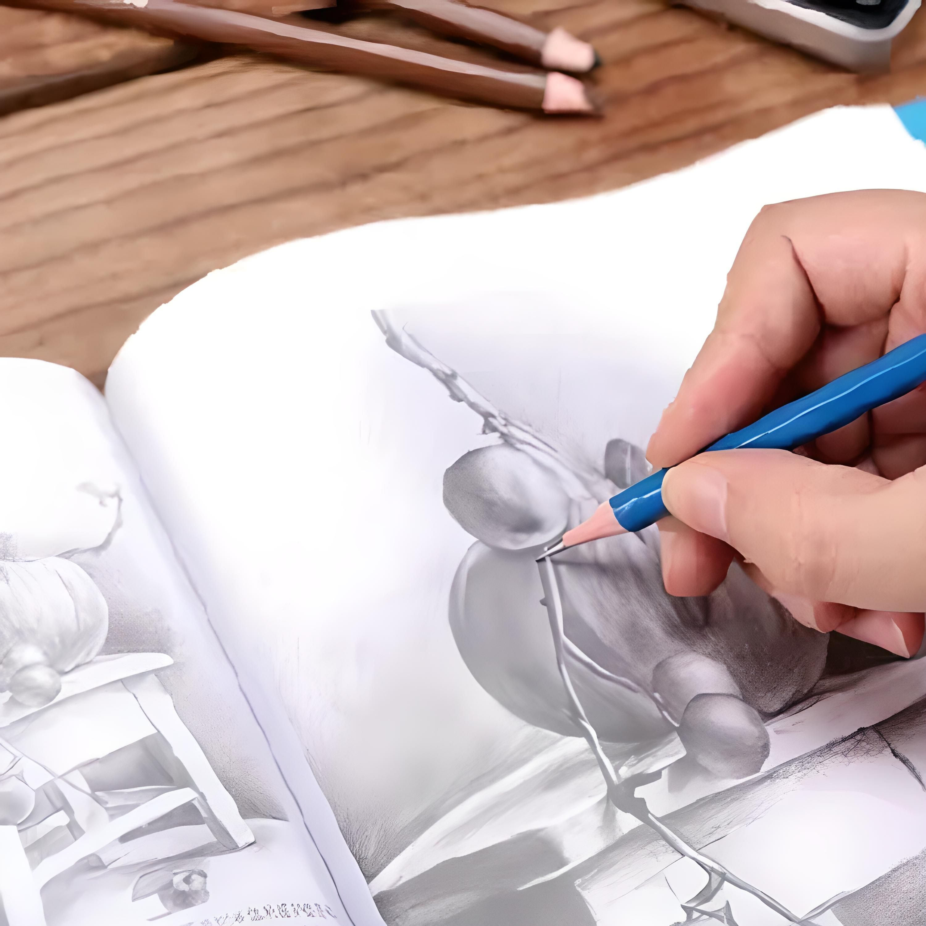 Eine Hand, die einen blauen Bleistift hält, zeichnet auf einem Skizzenbuch auf einem Holztisch.
