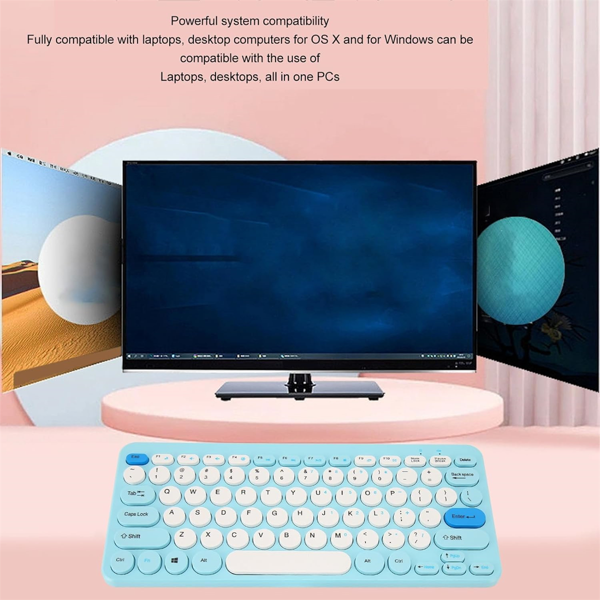 Eine blaue Tastatur steht auf einer rosa Plattform, mit einem Monitor und Text über Kompatibilität.