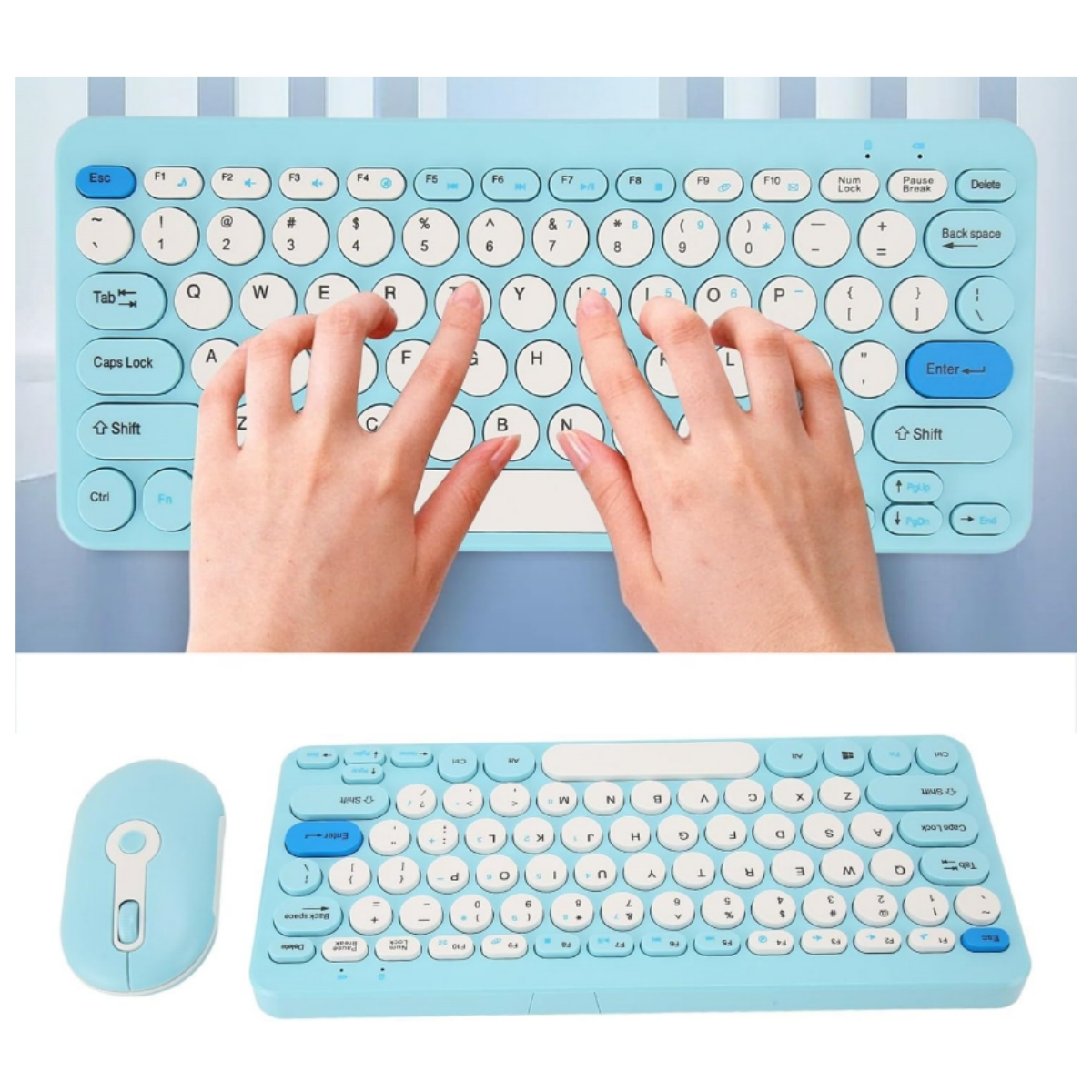 Ein hellblaues Tastatur- und Maus-Set. Zwei Hände tippen auf der Tastatur.