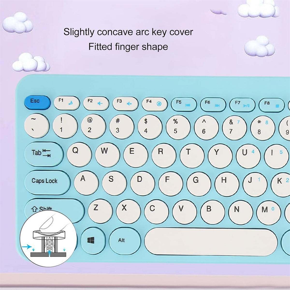 Eine hellblaue Tastatur mit weißen runden Tasten und wolkenartigen Formen.