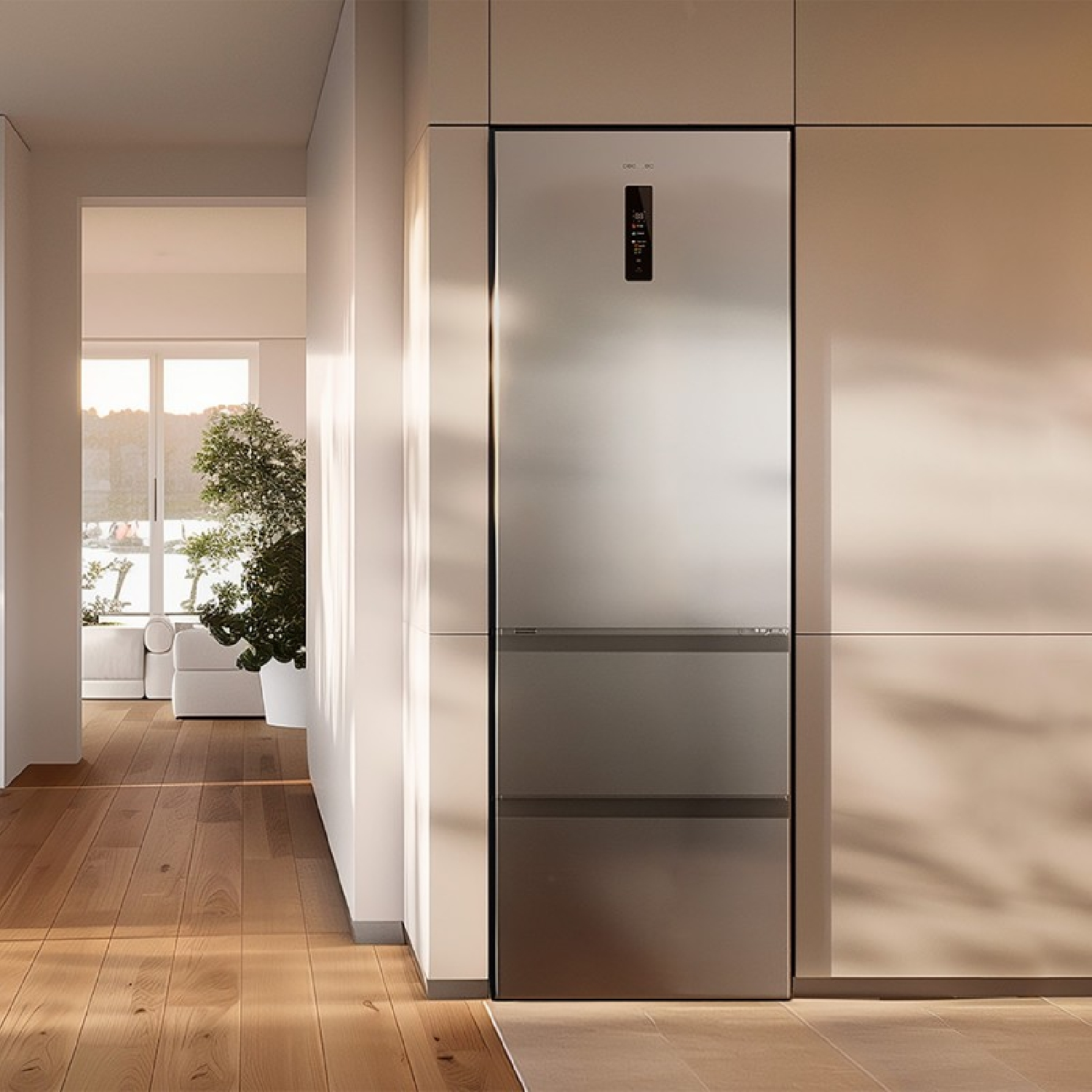 Un moderno refrigerador de acero inoxidable en una cocina. Está al lado de una pared blanca.