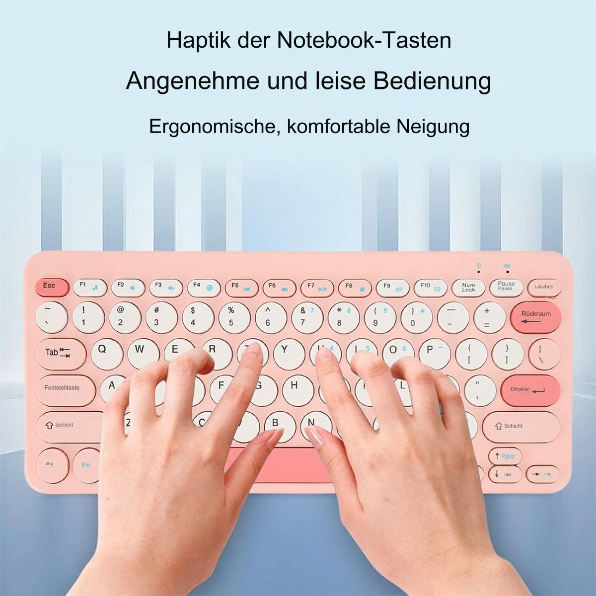 Eine rosa Tastatur mit tippenden Händen. Text: Haptik der Notebook-Tasten. Angenehme und leise Bedienung. Ergonomische, komfortable Neigung.