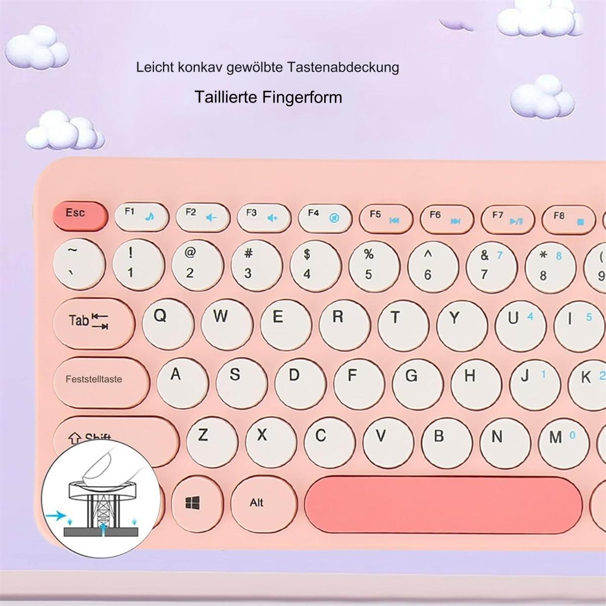 Eine rosa Tastatur mit weißen Tasten und rundem Design.