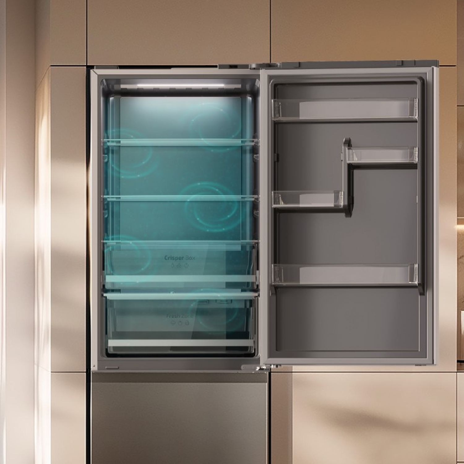 Un refrigerador con la puerta abierta, mostrando estantes y compartimentos.