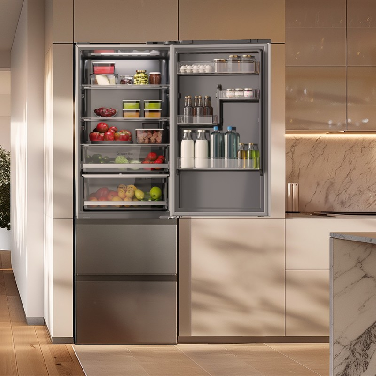 Un refrigerador moderno con las puertas abiertas que muestra comida en un entorno de cocina.