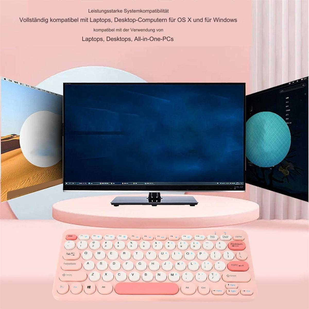 Eine rosa Tastatur und ein Computerdisplay mit Monitor und blauem Hintergrund.