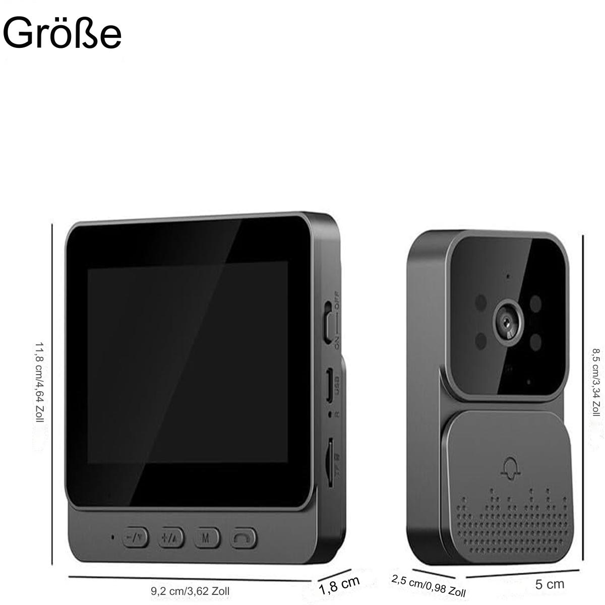 Schwarzes Gerät mit Display und Kamera. Maße: 11,8cm x 9,2cm, 8,5cm x 5cm und 1,8cm, 2,5cm.
