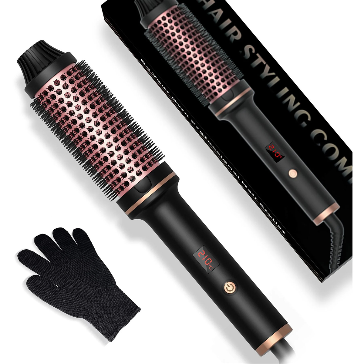 Haarstylingbürste mit schwarzem Griff und roségoldenen Borsten. Kommt mit einem Handschuh und Produktverpackung.