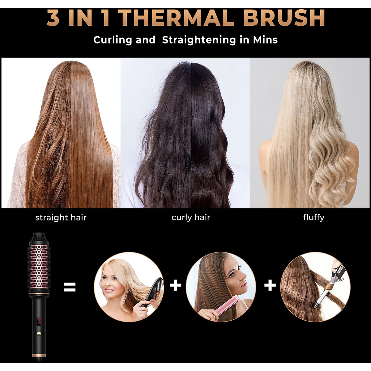 Werbung für Haarstylingprodukte. Gezeigt werden glattes, lockiges und lockiges Haar. Bürste und Werkzeuge.