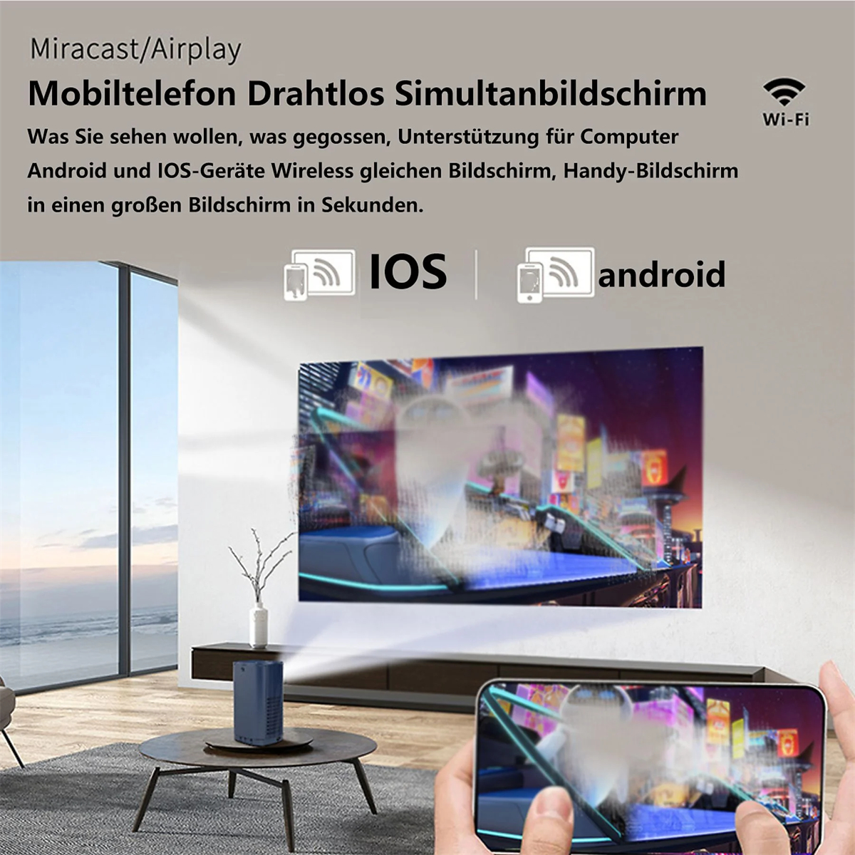 Ein Projektor projiziert ein Bild an eine Wand. Ein Telefon zeigt dasselbe Bild.