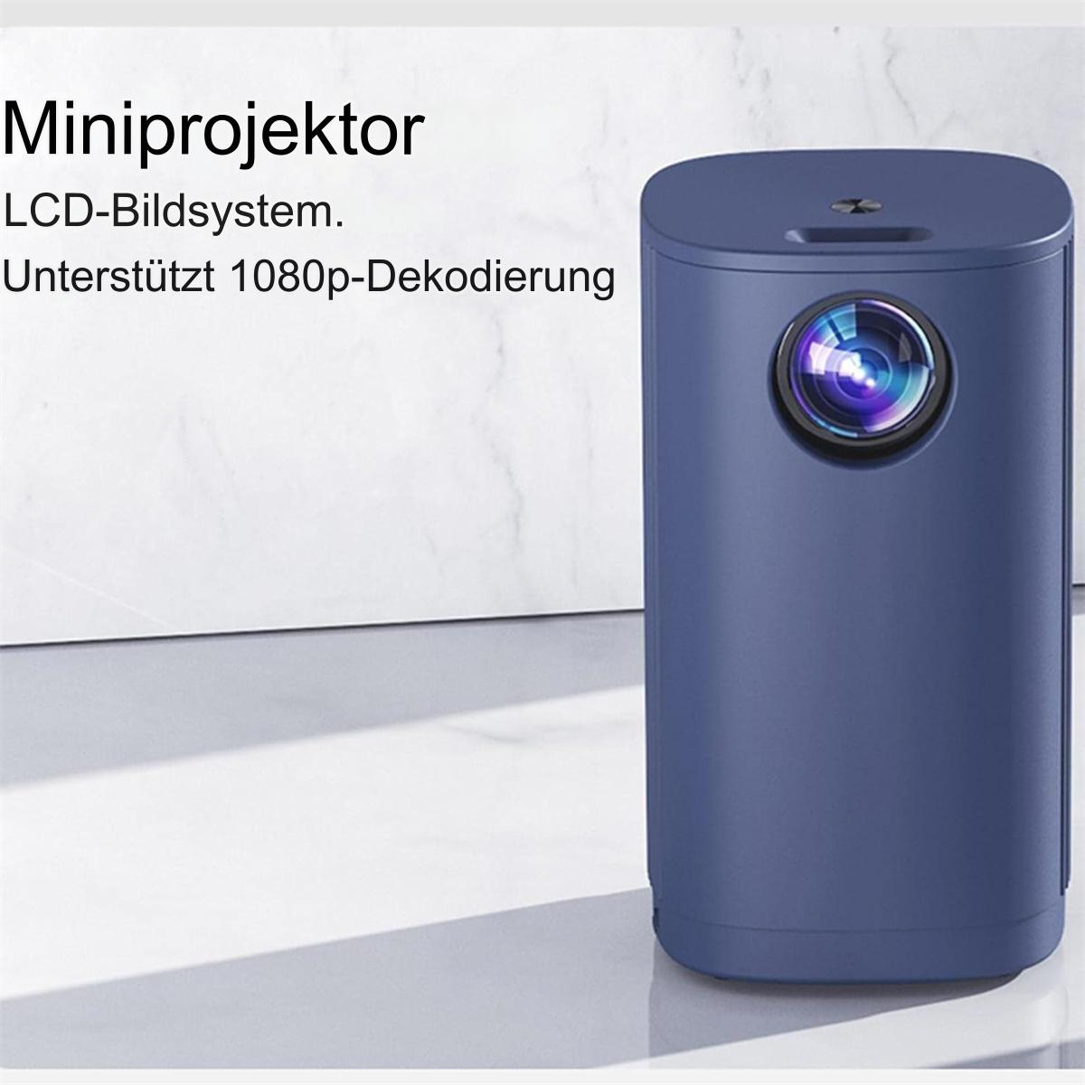 Ein blauer Mini-Projektor mit den Worten: Miniprojektor und ein Bild dessen, was der Projektor projizieren kann.