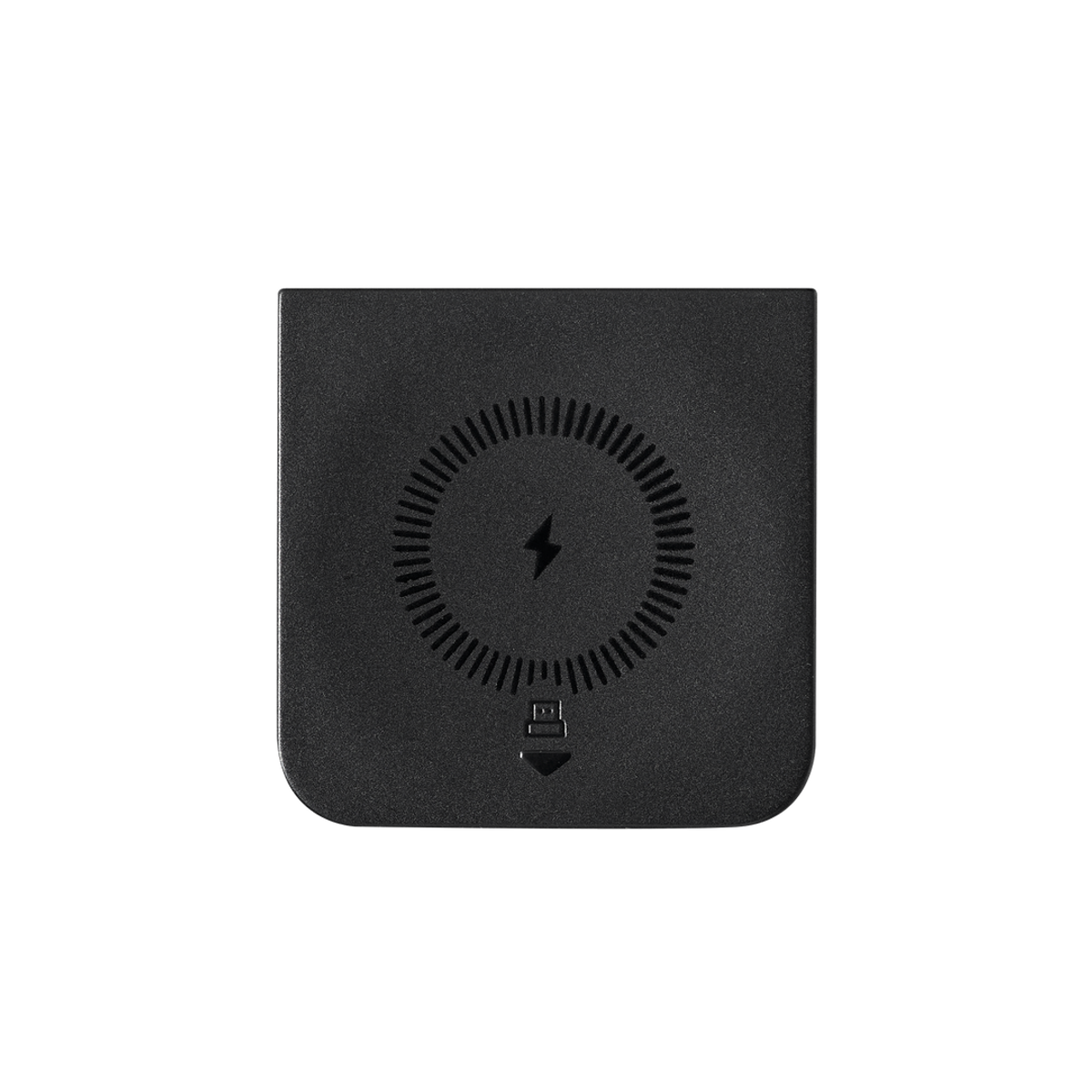 Caricabatterie wireless quadrato nero su sfondo nero.