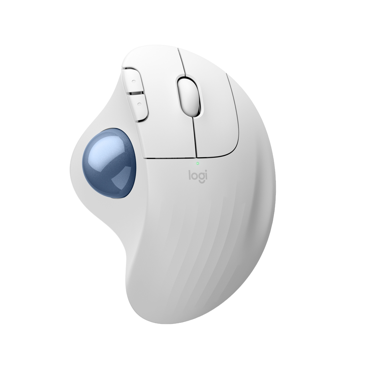 Biała ergonomiczna mysz z przyciskami i niebieską kulką na czarnym tle.