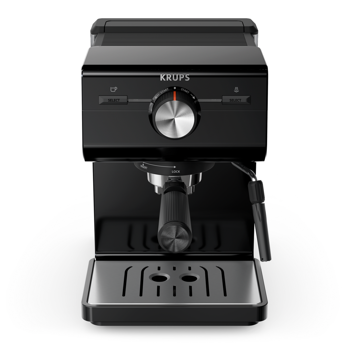 Czarny ekspres do kawy Krups z centralnym pokrętłem i srebrną tacą ociekową.