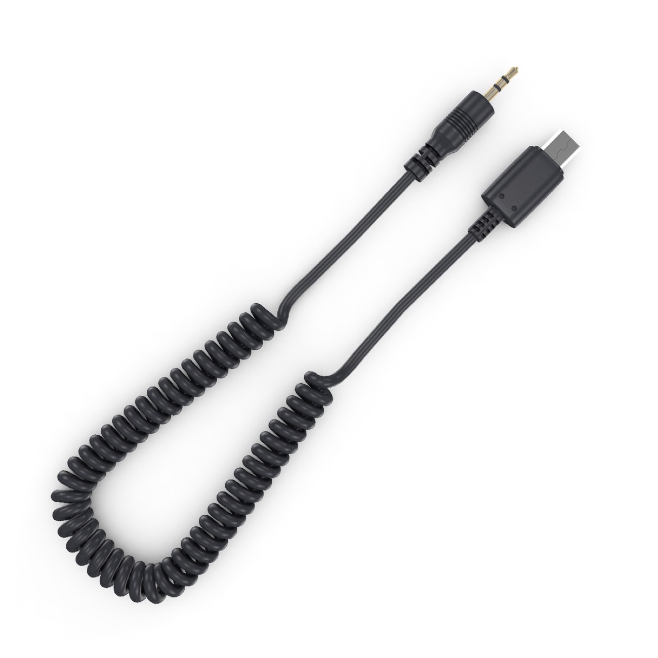 Schwarzes Spiralkabel mit 3,5-mm-Klinke und USB-C-Anschluss.