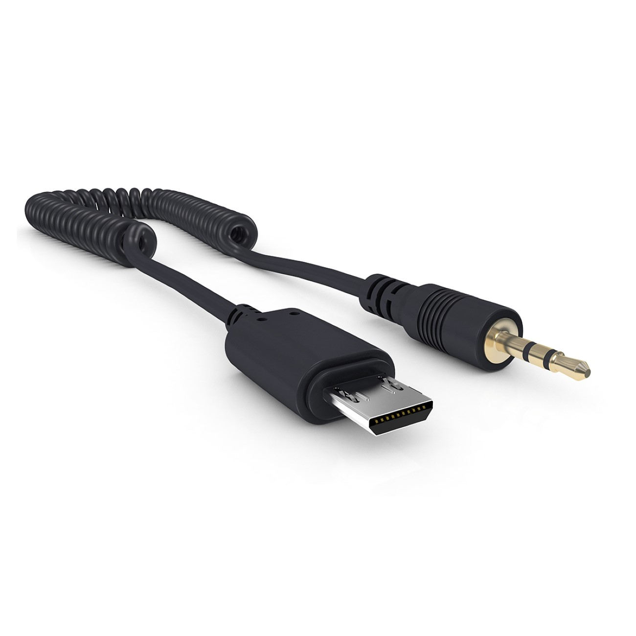 Ein schwarzes Audiokabel mit einem Micro-USB-Anschluss und einer 3,5-mm-Audiobuchse.