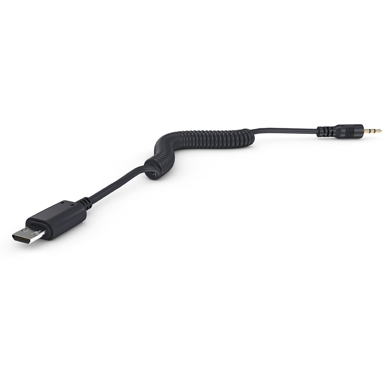 Schwarzes Spiralkabel mit Anschlüssen. Ein Ende hat einen USB-C-Anschluss, das andere eine 3,5-mm-Buchse.