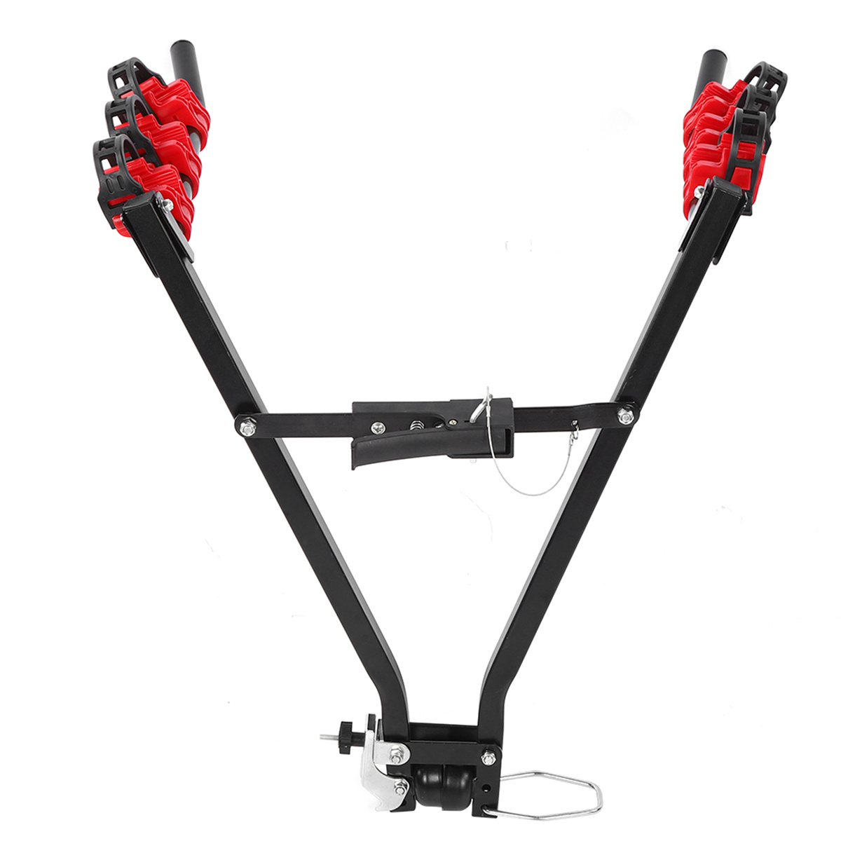 Schwarzer und roter Fahrradträger auf weißem Hintergrund.