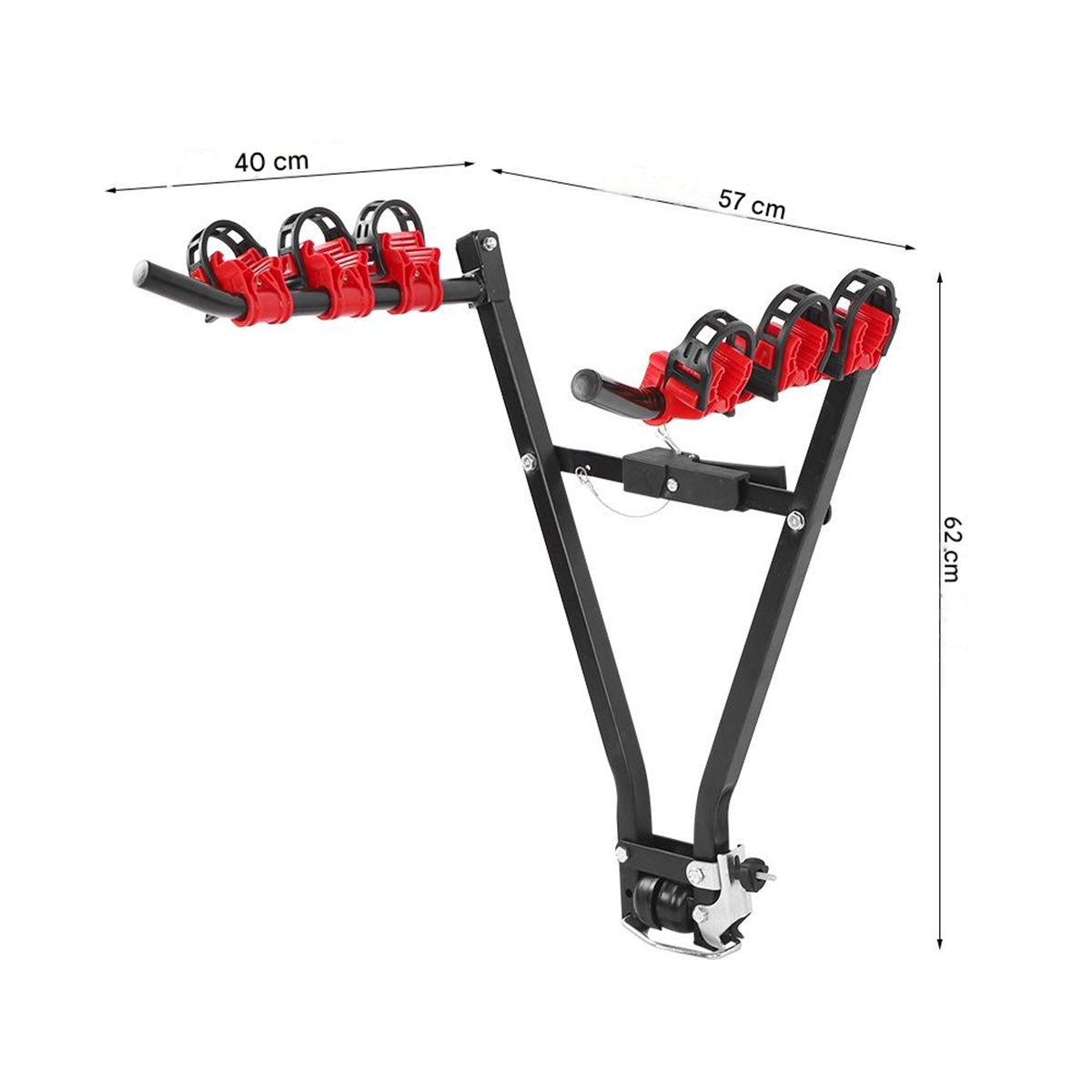Ein schwarzer Fahrradträger mit roten Haltern. Es hat die Maße: 40 cm breit, 57 cm lang, 62 cm hoch.