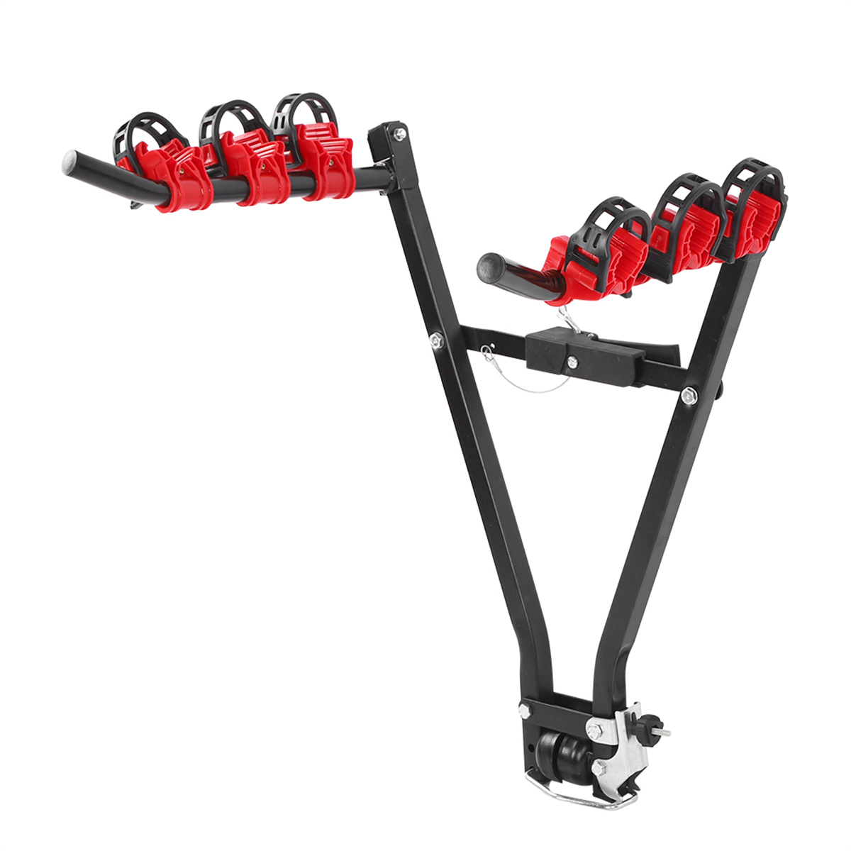 Ein schwarzer Fahrradträger mit roten Haltern.