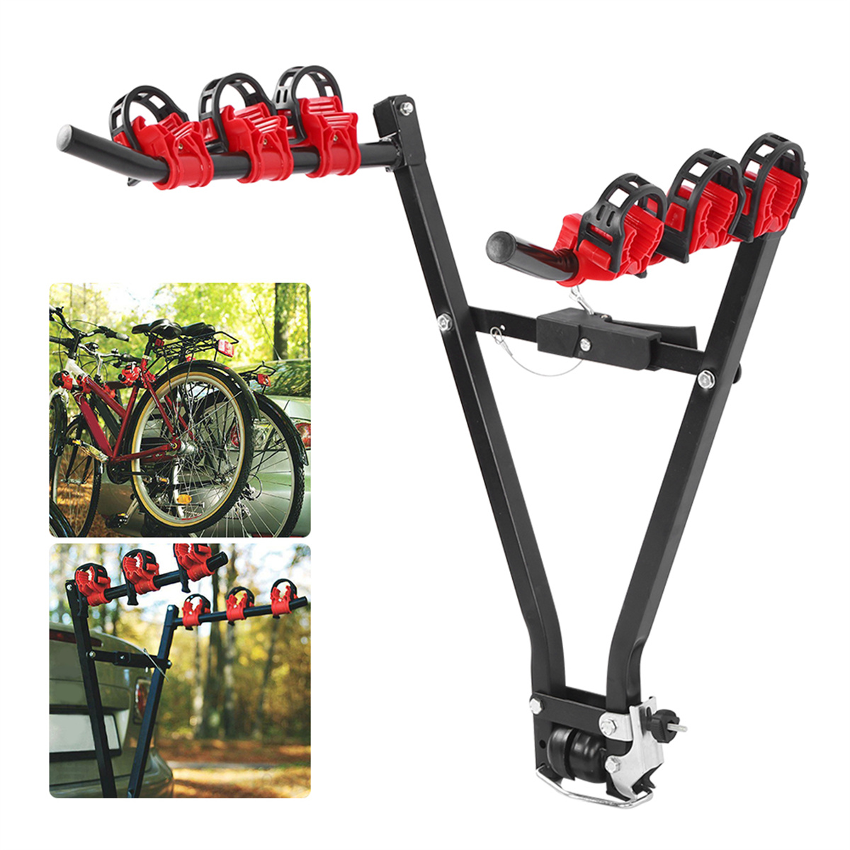 Schwarzer Fahrradträger mit roten Haltern. Zwei Fahrräder im Hintergrund.