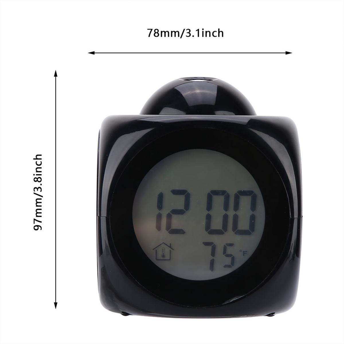 Schwarze Würfeluhr mit Digitalanzeige für Uhrzeit und Temperatur. Abmessungen sind angegeben.