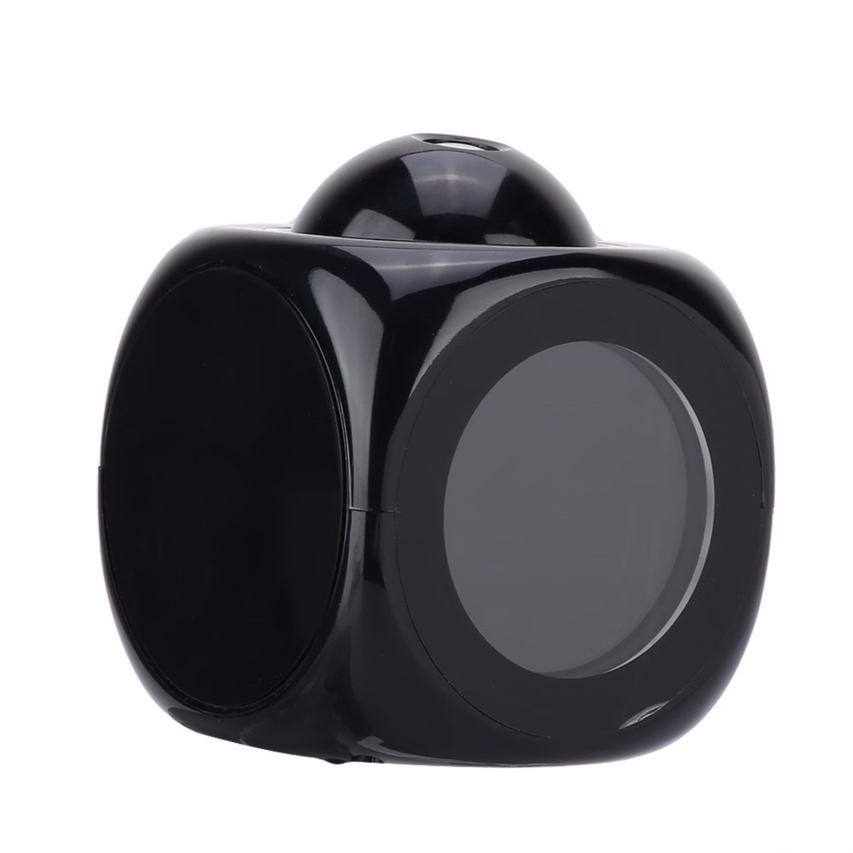 Schwarzes würfelförmiges Gerät mit kreisförmigem Bildschirm und Kuppel oben. Ein modern aussehendes Gadget.