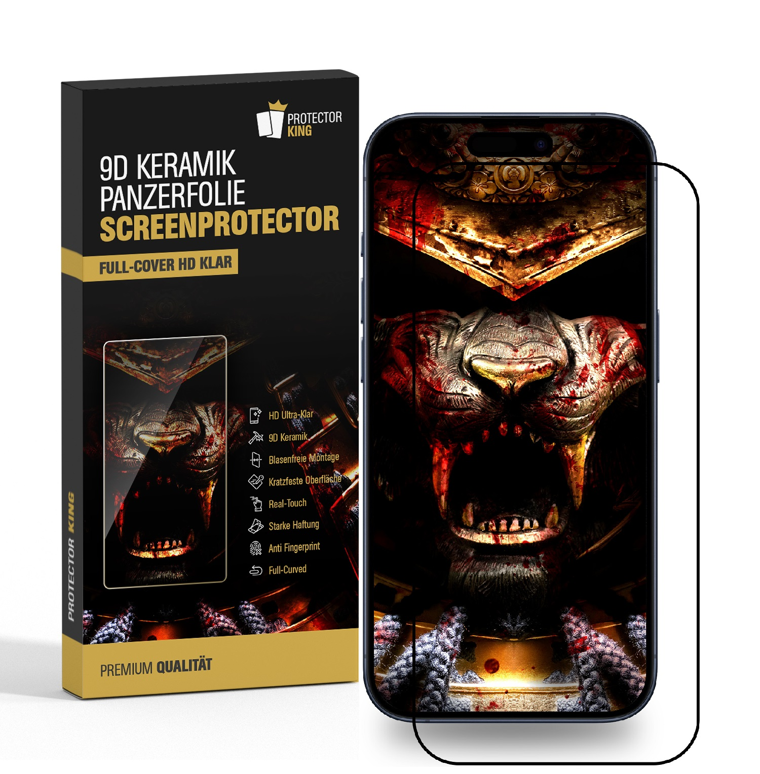 Telefon-Displayschutzbox und -schutz. Box mit Grafik eines brüllenden Tigers. Der Schutz ist klar.