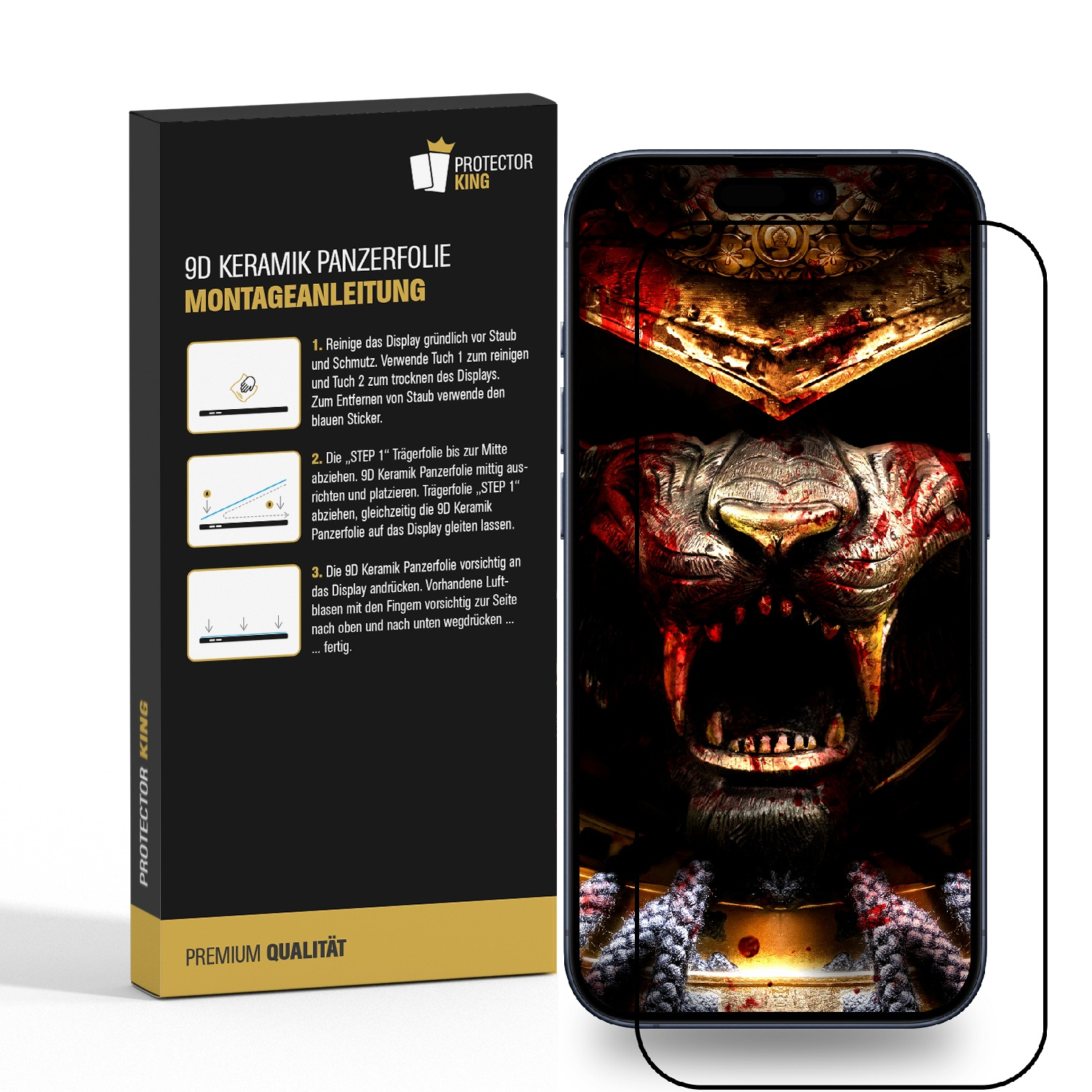 Ein Telefon mit Displayschutzfolie neben einer Box mit Anweisungen. Der Bildschirm zeigt einen Tiger.