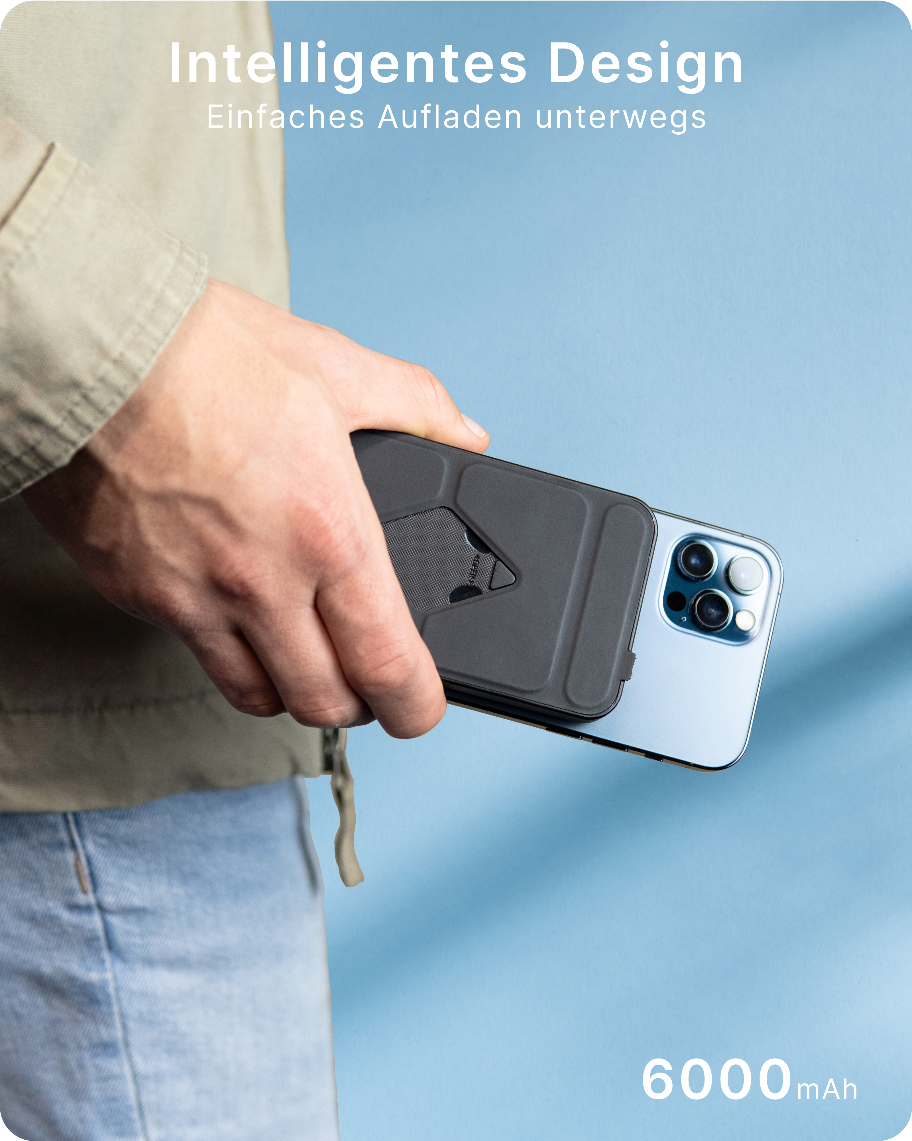 Eine Person hält eine schwarze Telefonhülle mit einem Telefon darin. 6000mAh darunter geschrieben.