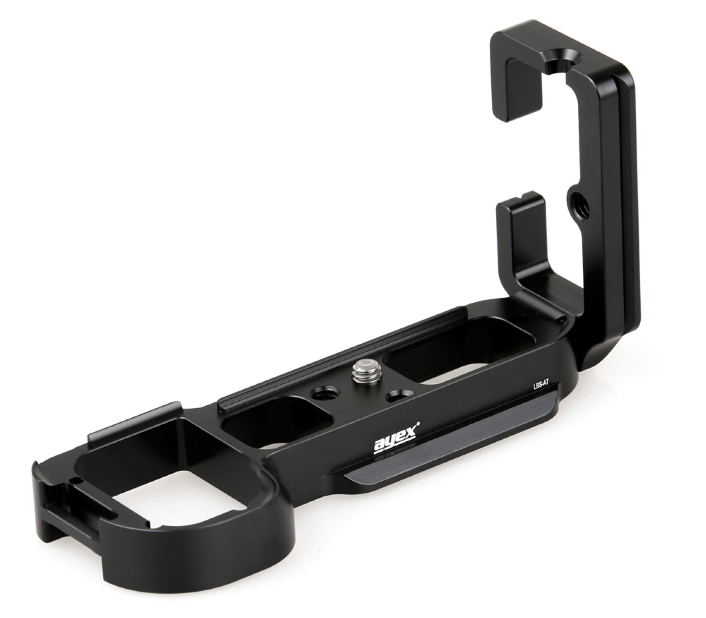 Ein schwarzer Metall-L-förmiger Kamerahalter mit Schraube und Befestigungspunkten auf weißem Hintergrund.