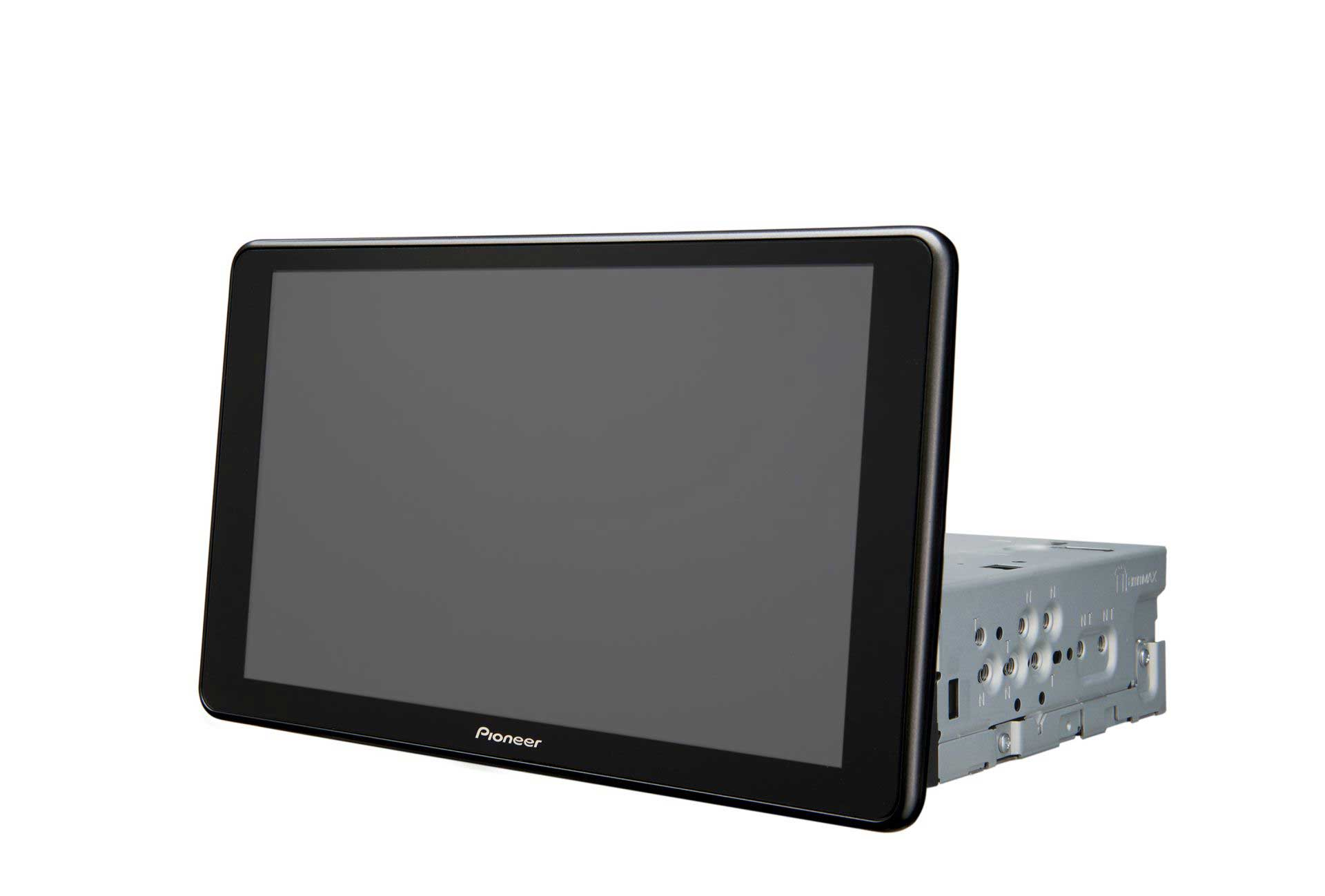 Pioneer-Autoradiobildschirm, schwarz. Der Bildschirm hat ein schlankes, modernes Design.