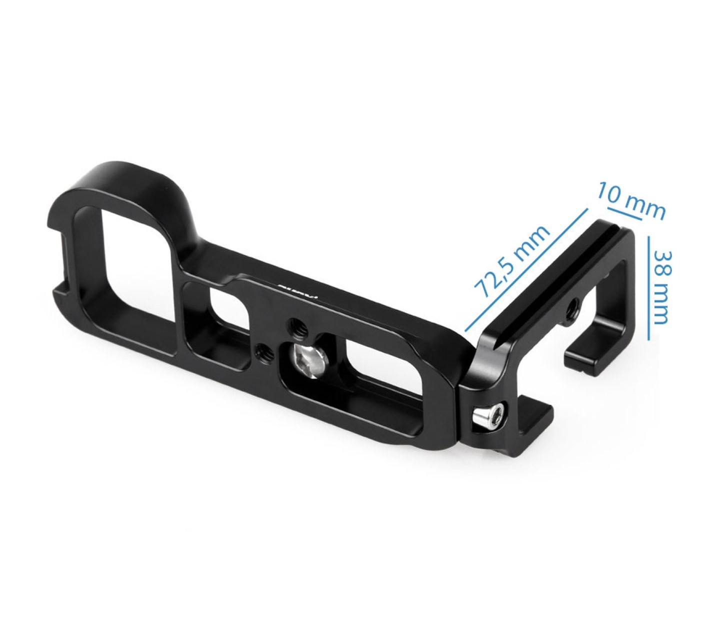 Eine schwarze Kamerahalterung aus Metall. Sie hat Maße und befindet sich auf weißem Hintergrund.