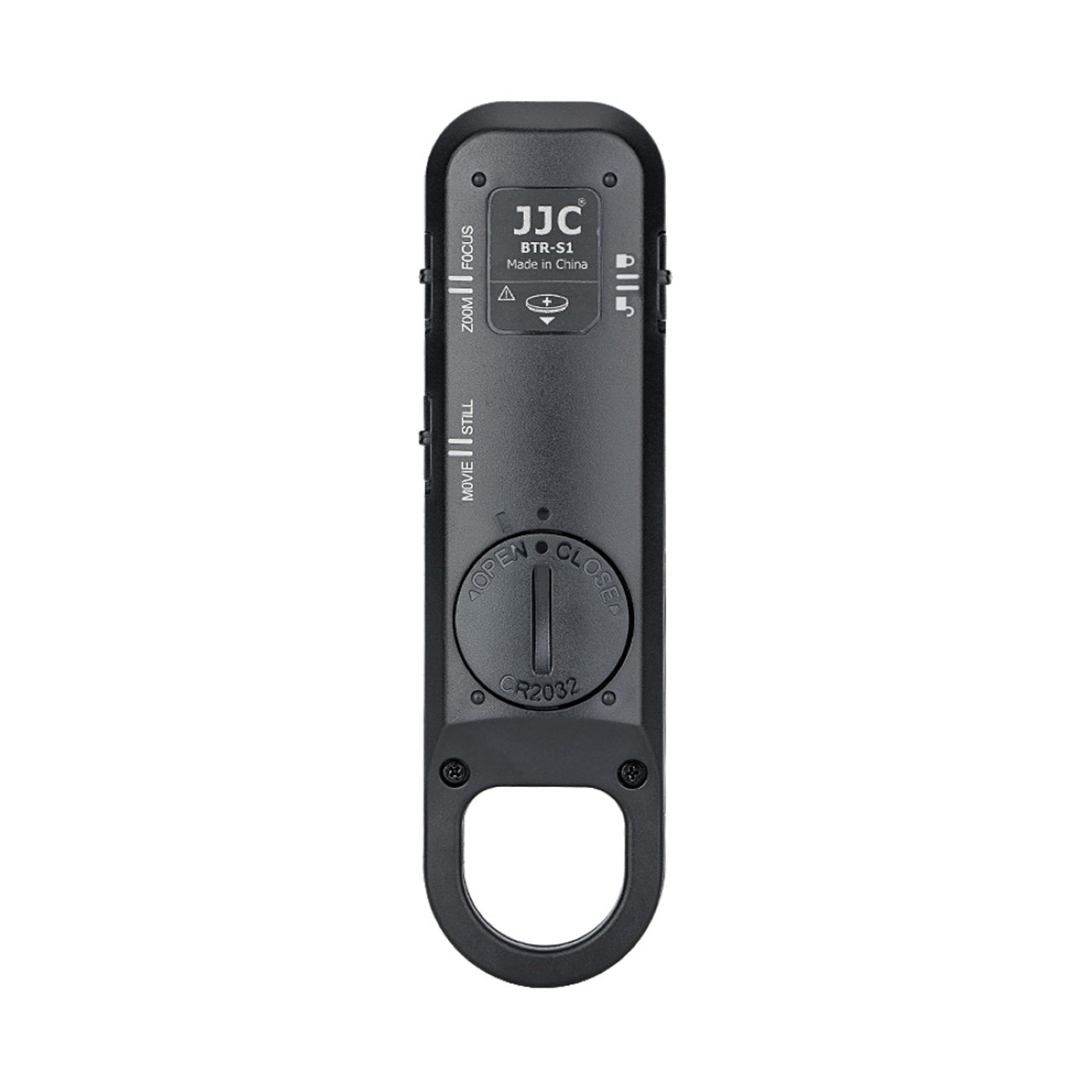 Schwarze JJC BTR-S1 Fernbedienung. Enthält Knöpfe, ein Batteriefach und eine Schlaufe für einen Gurt.