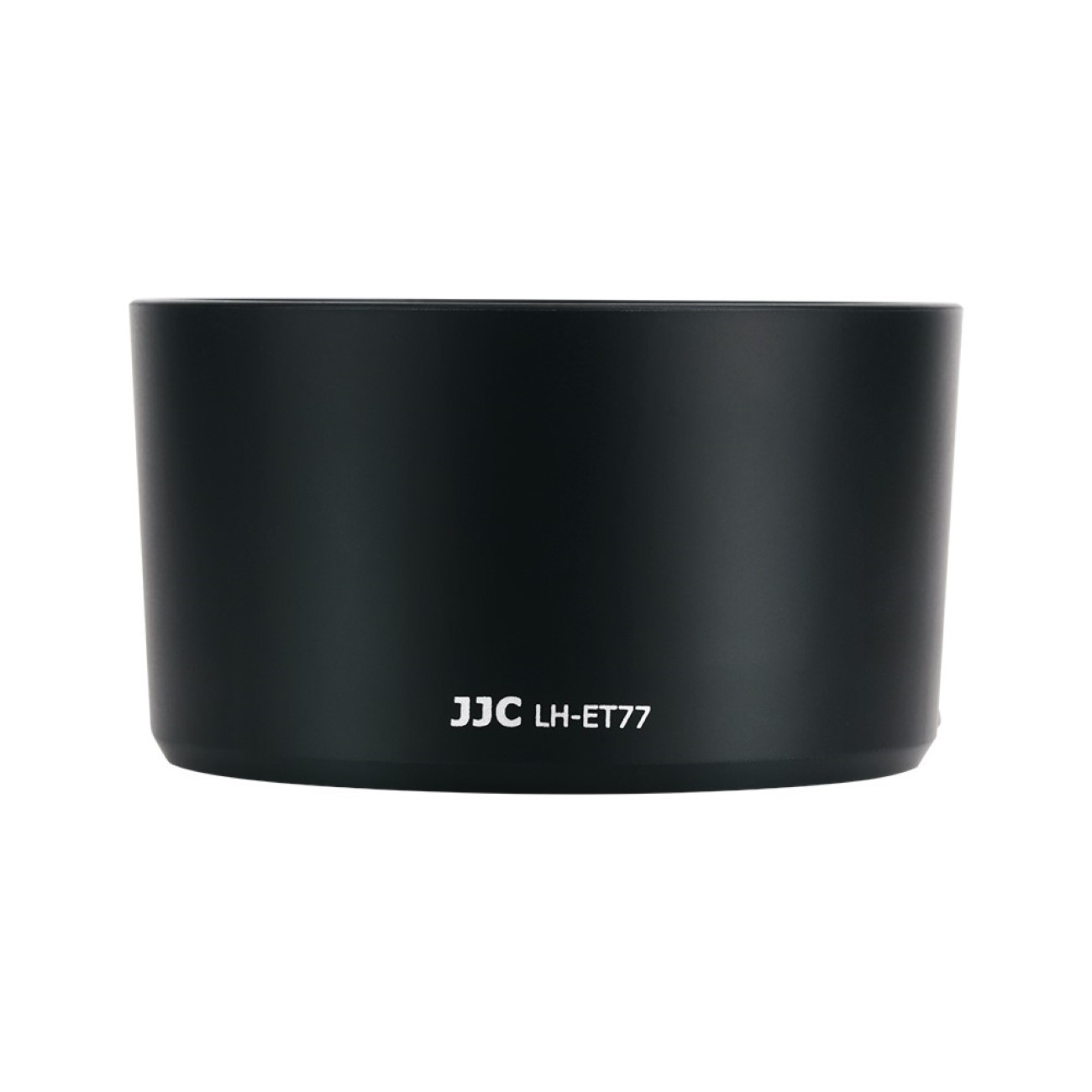Schwarze zylindrische Sonnenblende. Sie trägt den Markennamen JJC und die Modellnummer LH-ET77.