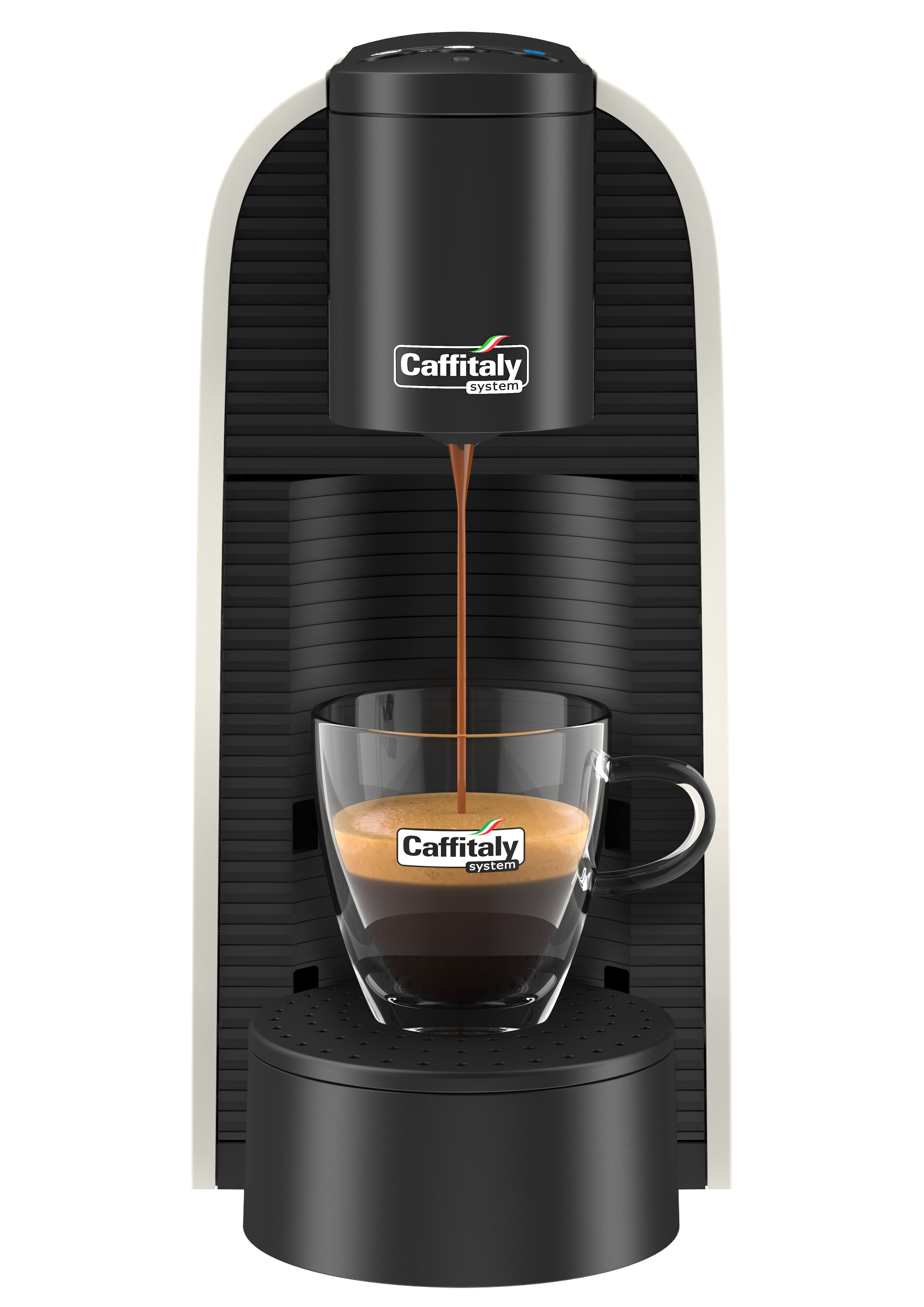 Een koffiemachine die koffie in een glazen beker schenkt.