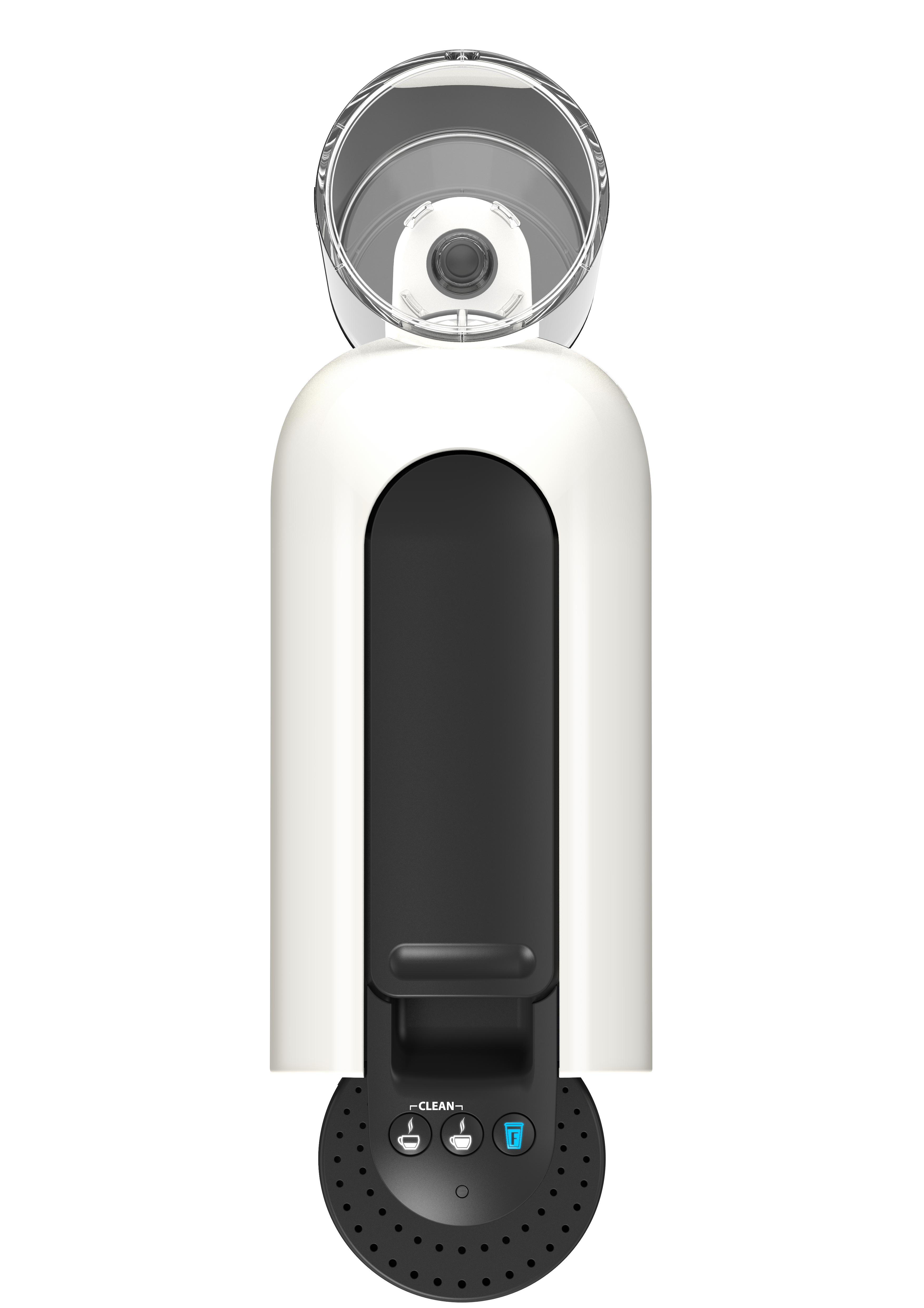 Witte en zwarte koffiemachine. Het heeft een doorzichtige watercontainer bovenop. Zwarte basis.