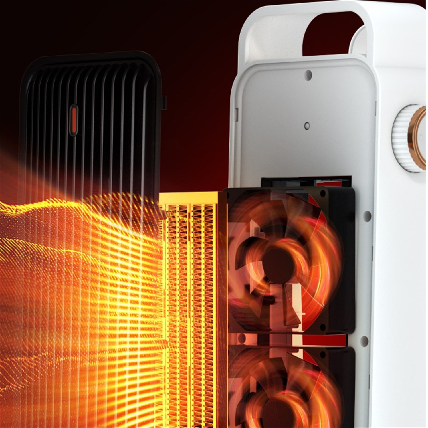 Ein offener Heizlüfter, der die Heizelemente und einen sich drehenden Ventilator mit rotem Hintergrund zeigt.