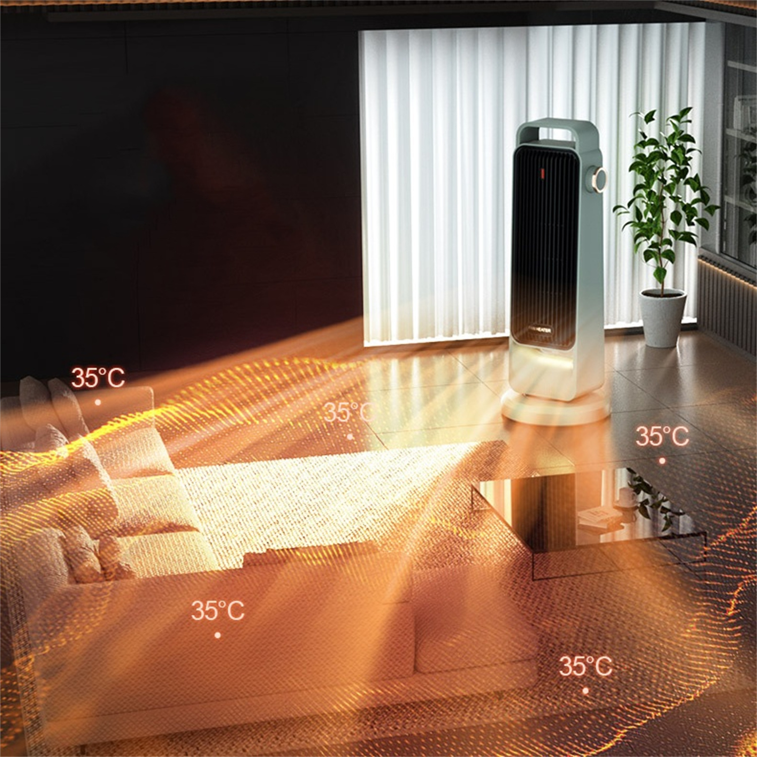 Ein Raum mit Heizung und Sofa. Luftstromdiagramme zeigen 35°C. Pflanze und Glastisch vorhanden.