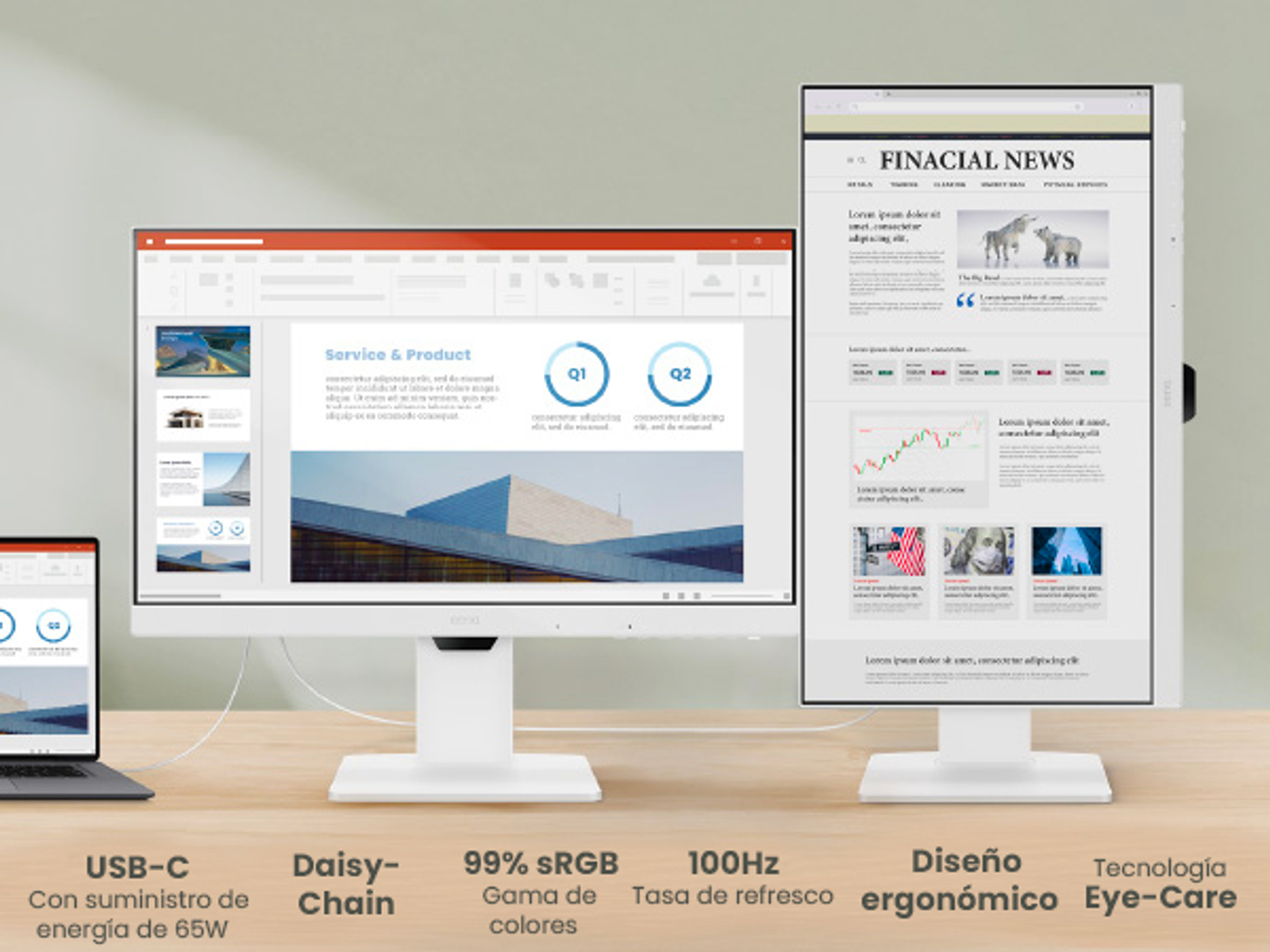 Dwa białe monitory komputerowe wyświetlające zawartość, laptop na drewnianym stole.