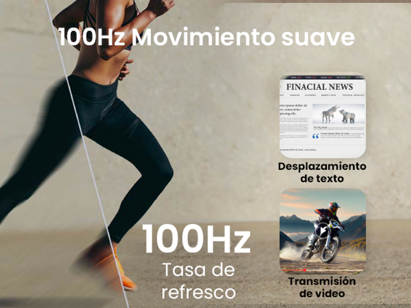 Kobieta biegnąca z nakładkami tekstowymi o wyświetlaczu z częstotliwością odświeżania 100 Hz.