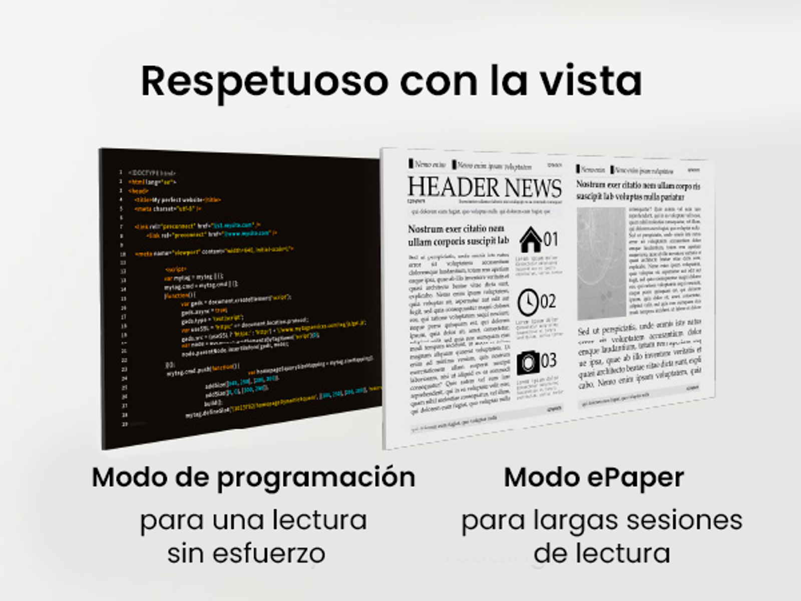 Dwa ekrany, edytor kodu i gazeta. Tekst: tryb programowania, tryb ePaper, szacunek dla wzroku.