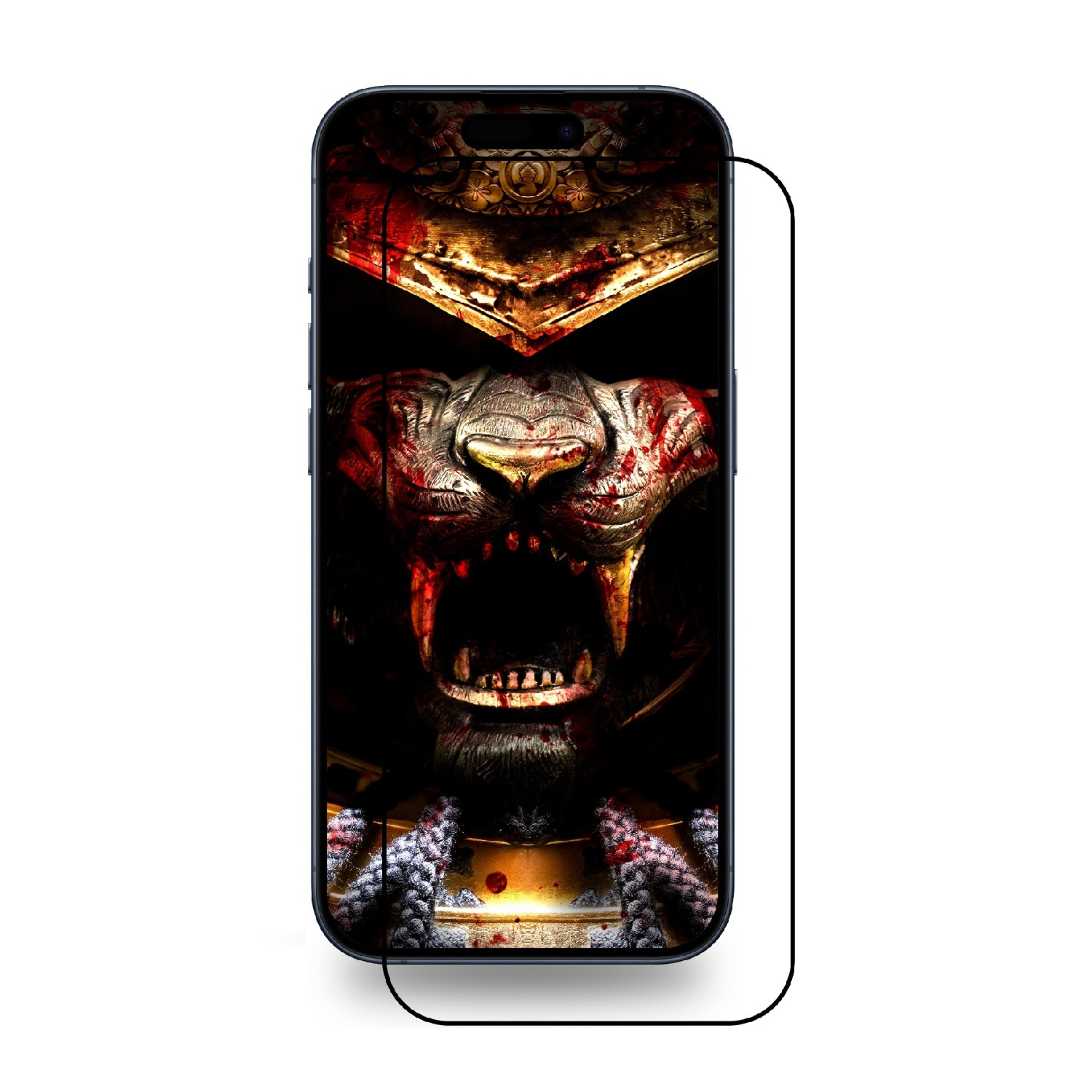 Ein Telefon mit einem Tiger-Samurai-Design auf dem Bildschirm, mit Blutspritzern.