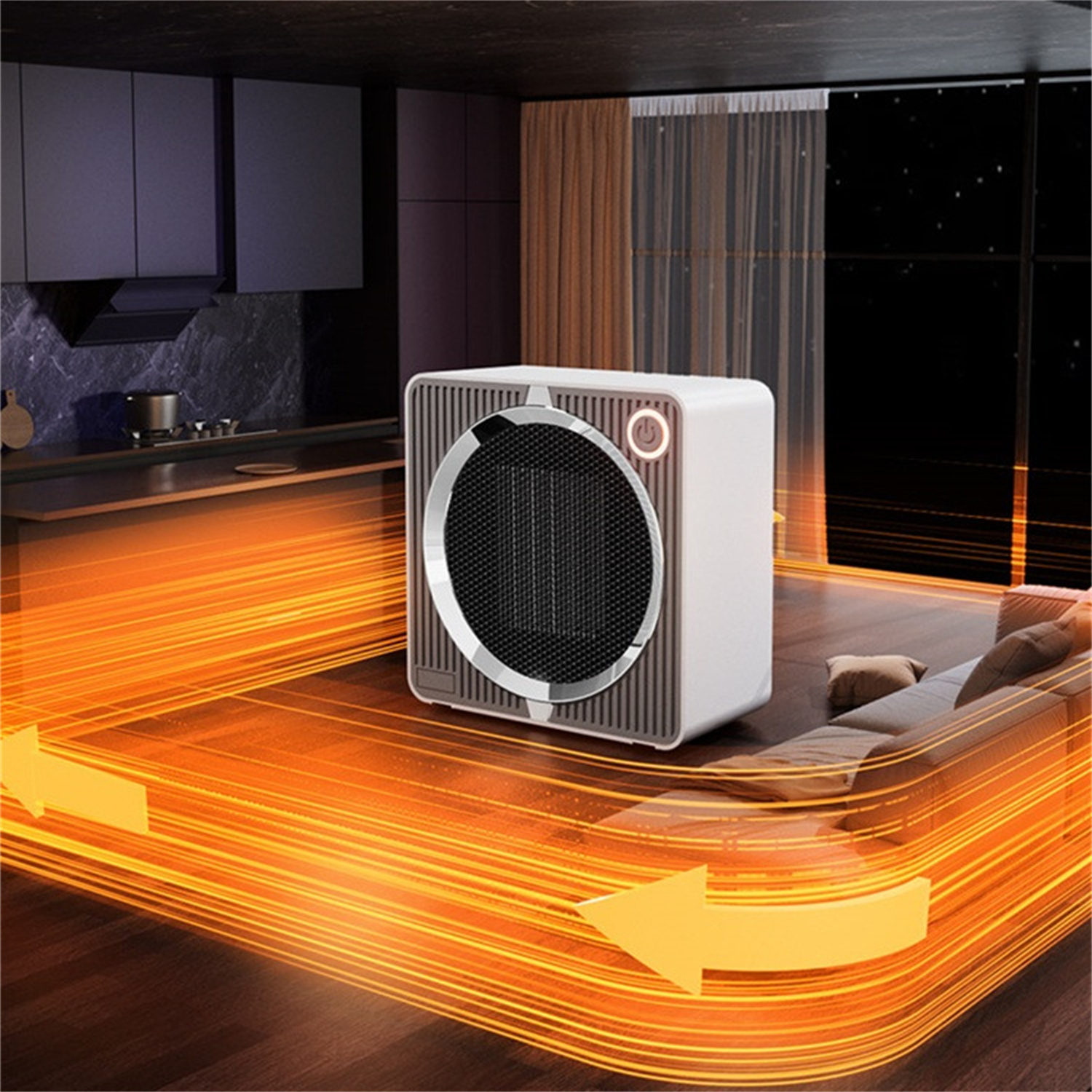 Weißer Heizlüfter in einem Raum mit orangefarbenem Hitzewellen-Effekt und Sofa.