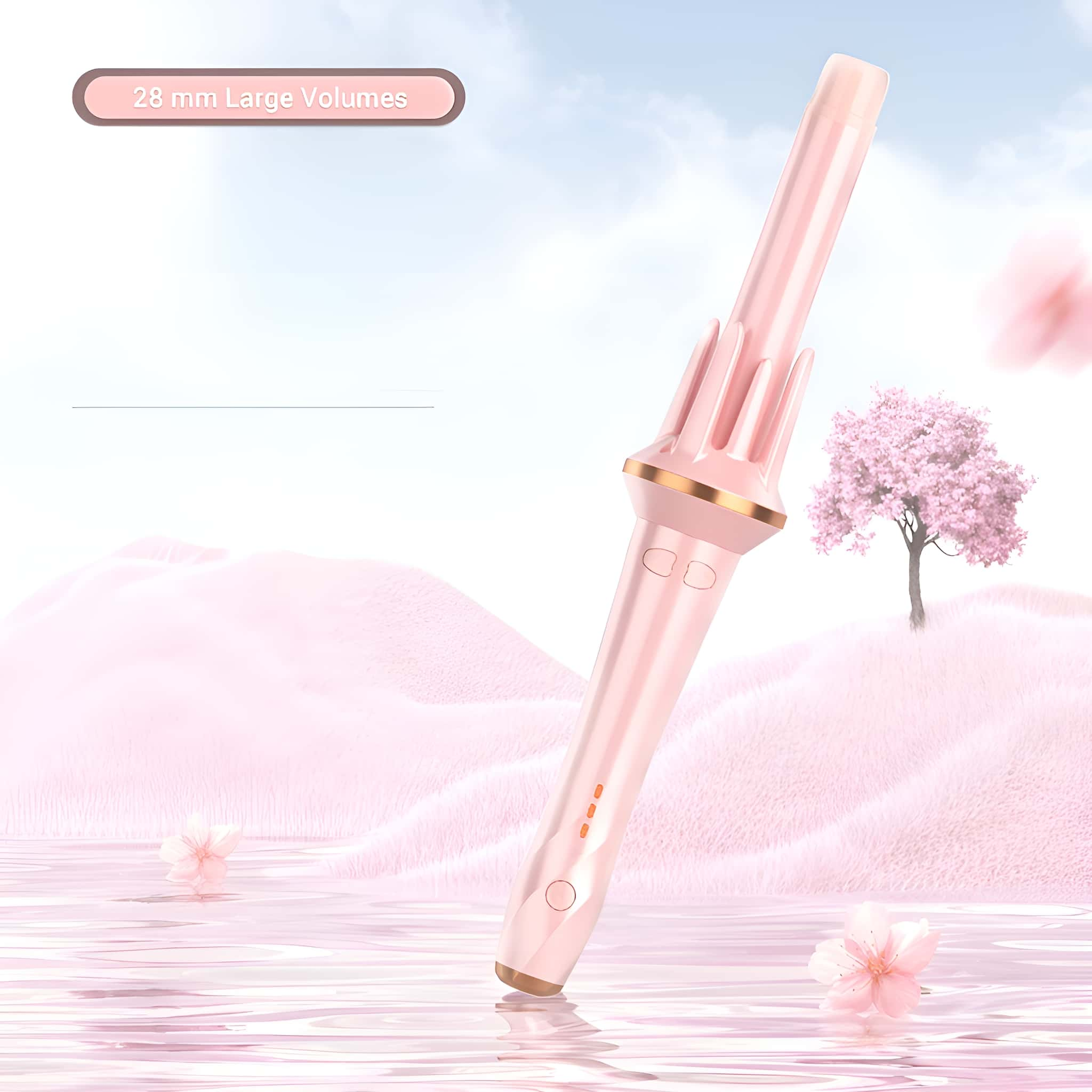 Pinker Lockenstab mit Wasserhintergrund.