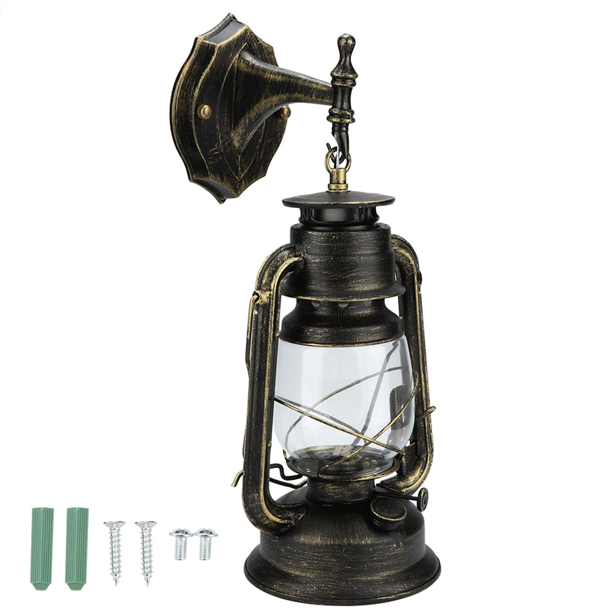 Wandlampe im Vintage-Stil mit schwarz-goldener Oberfläche und Glasschirm.