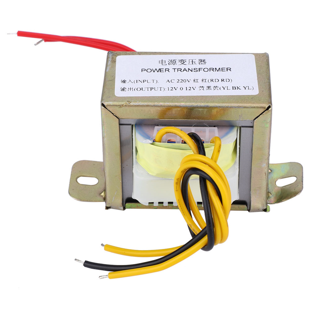 Ein Leistungstransformator mit Drähten. Es hat einen Metallrahmen und Etiketten in Chinesisch und Englisch.