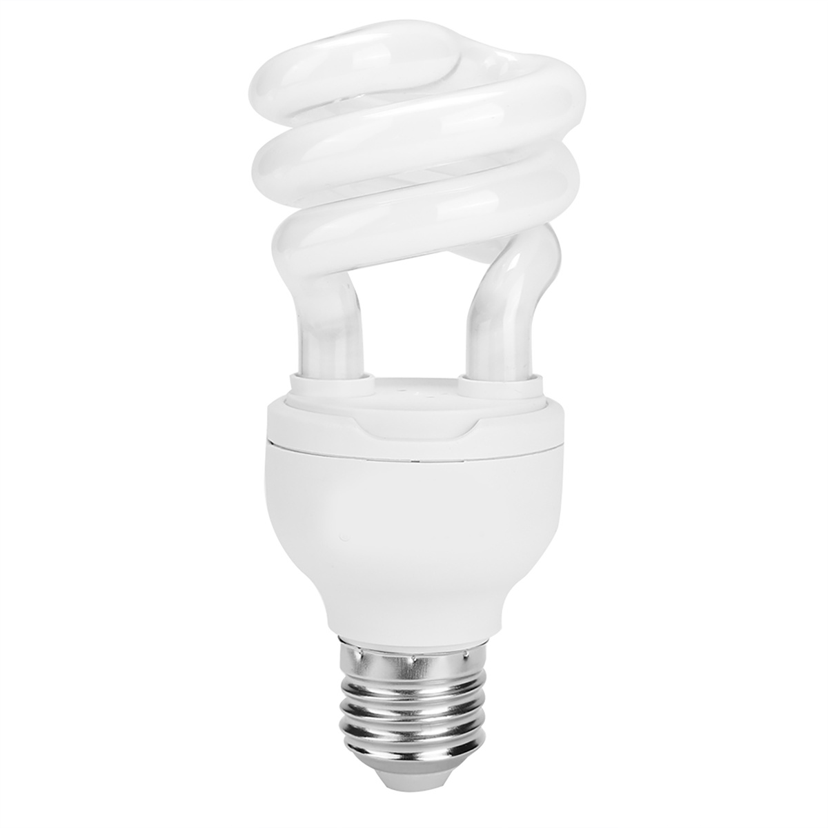 Eine weiße Kompaktleuchtstofflampe mit einem spiralförmigen R öhrendesign und einem silbernen Sockel.