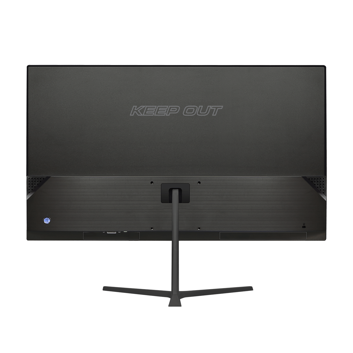 Rückseite eines schwarzen Computermonitors mit dem Text 'KEEP OUT' und einem Ständer.